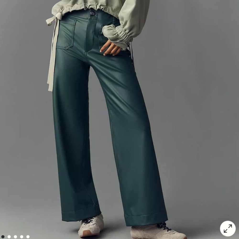 Maeve The Colette Full Length Faux Leather Wide Leg Pants Dark Green Size 32